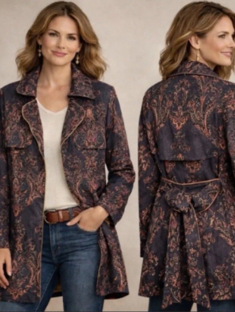 Solitaire by Anthropology Faux Suede Paisley Print Wrap Jacket Size Small